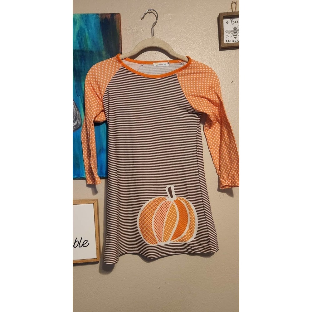 Size 5 girls brown orange & white pumpkin fall autumn dress by sunshine swing